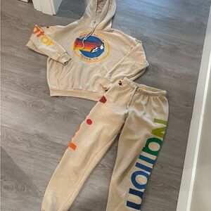 XS beige aviator nation 2 piece hoodie sweat pants set